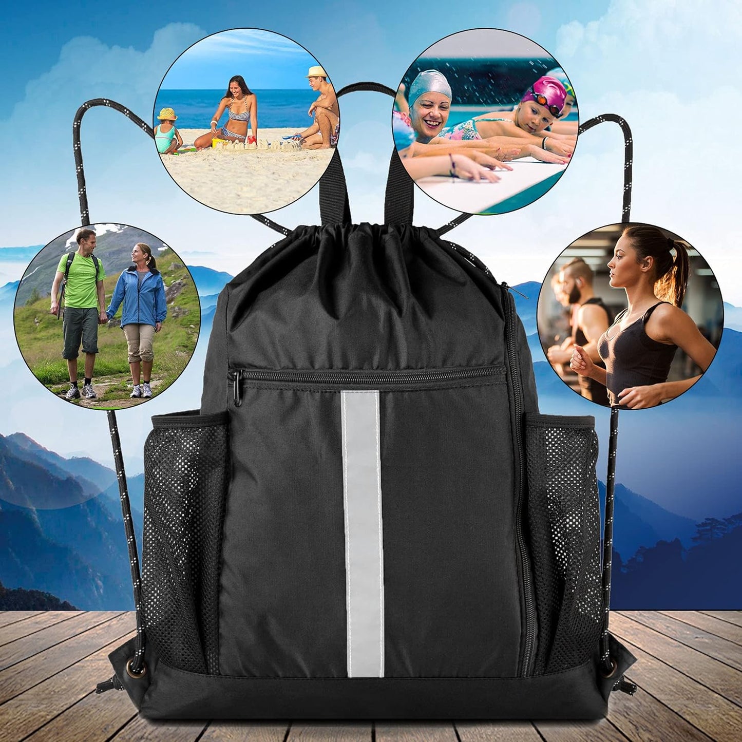 Drawstring Backpack Sports Gym Bag with Shoe Compartment and Two Water Bottle Ho