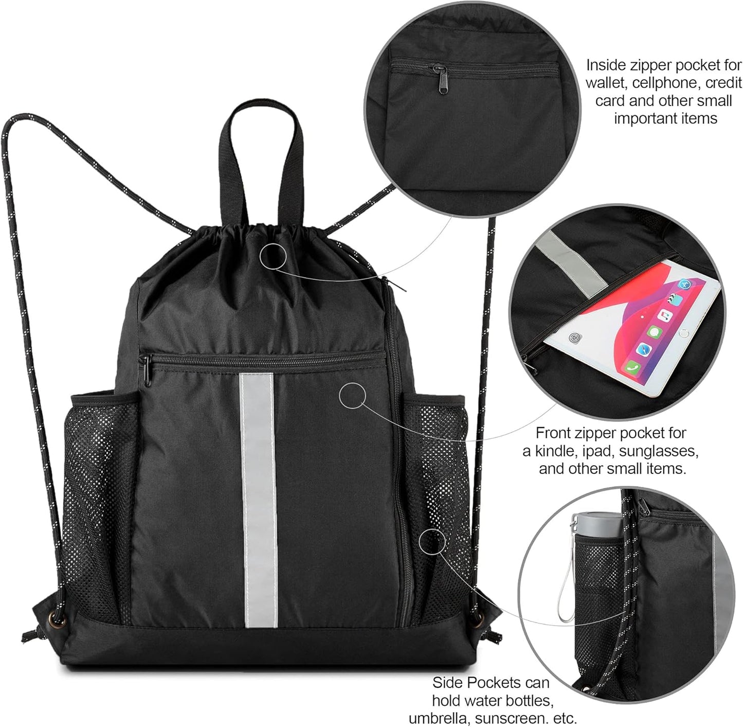 Drawstring Backpack Sports Gym Bag with Shoe Compartment and Two Water Bottle Ho