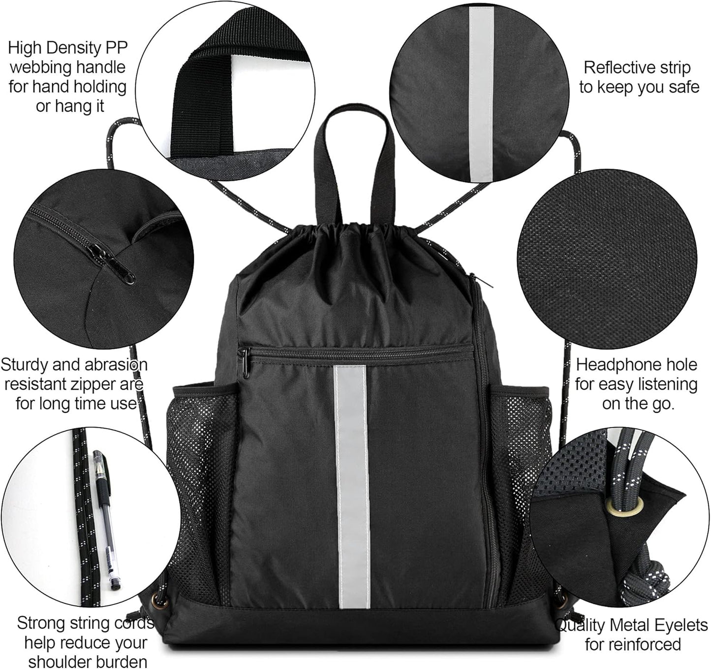 Drawstring Backpack Sports Gym Bag with Shoe Compartment and Two Water Bottle Ho