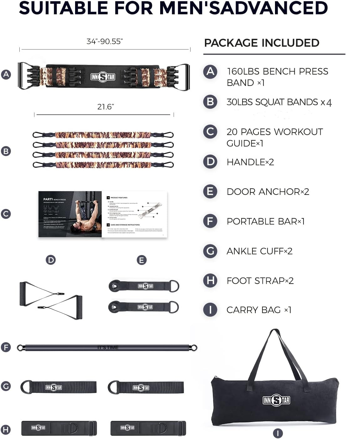 INNSTAR Resistance Bands Bar Exercise Bands Attachment 38" Black Max Load 800Lb for Home Gym Workout Full Body Workout Power Lifting Fitness Bar