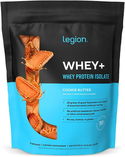 LEGION Whey+ Protein Whey Isolate from Grass Fed Cows - Whey Protein Isolate Powder Low Calorie, Non-Gmo, Sugar Free, Lactose and Gluten Free, All Natural Protein Powder 30 Servings (Cookie Butter)