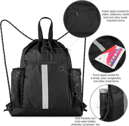 Drawstring Backpack Sports Gym Bag with Shoe Compartment and Two Water Bottle Ho