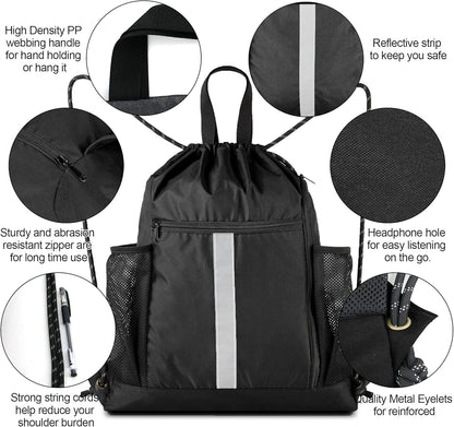 Drawstring Backpack Sports Gym Bag with Shoe Compartment and Two Water Bottle Ho
